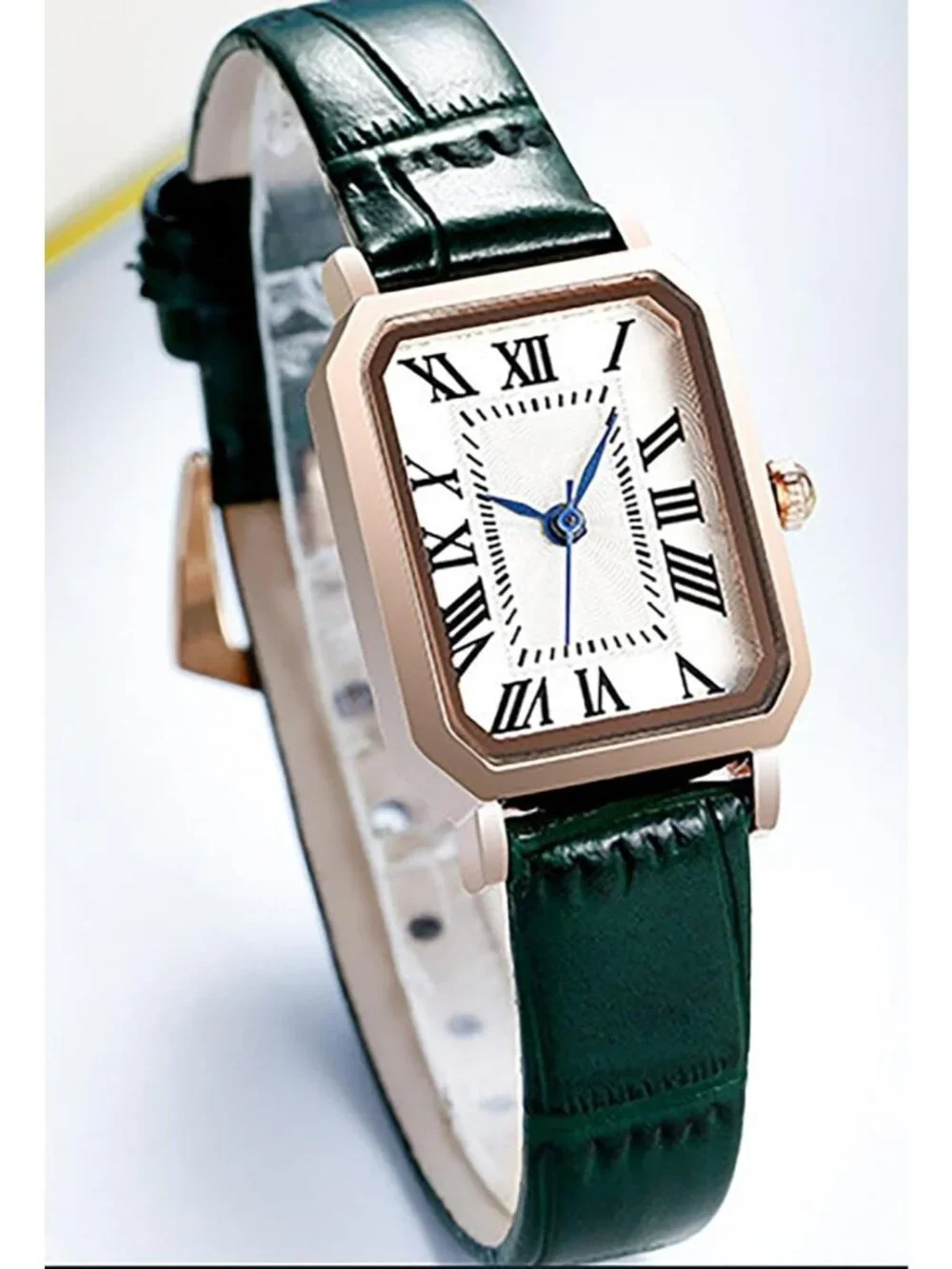 Women's Black Rose Gold White Leather Strap Elegant Vintage Rectangle Wristwatch
